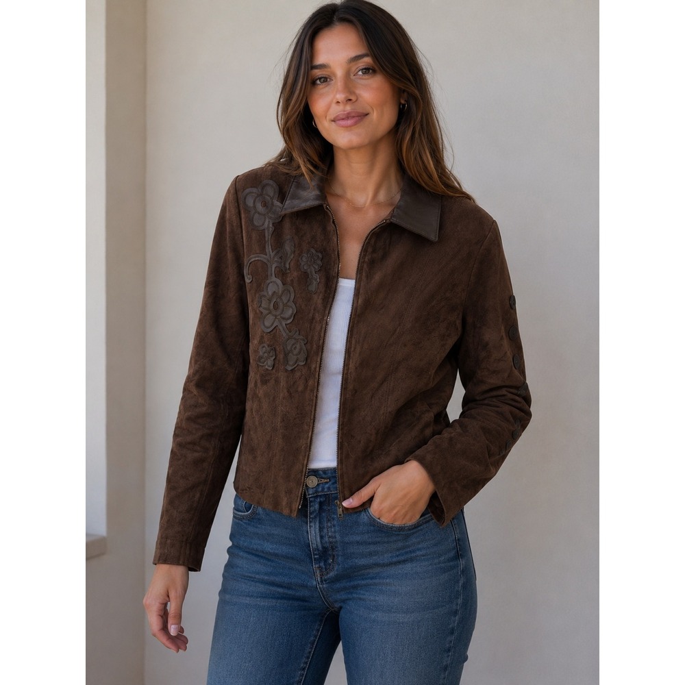 Margaret Godfrey Brown Genuine Leather Suede Floral Applique Zip Jacket Size 8